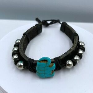 Vintage Black Leather Bracelet Turquoise Howlite‎ Elephant Silver Bead Southwest